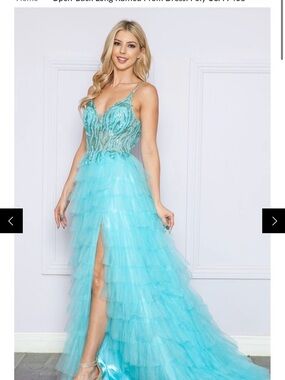 Aqua Tulle Ruffled Prom Dress with Beaded Bodice